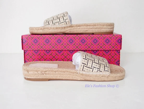 NIB Tory Burch Logo Woven Ribbon Espadrille Slide Slipper CREAM US 8 AUTHENTIC