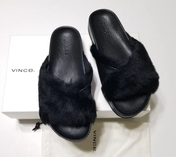 NIB Vince Garrison Italian Lamb Fur & Leather Slide Sandal in Black $250