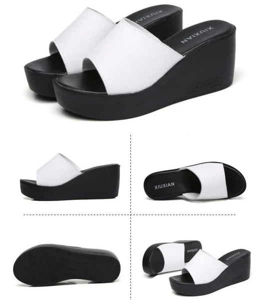 Womens Leather Slipper Wedge Heel Mules Sandals Platform Shoes Fashion Slides