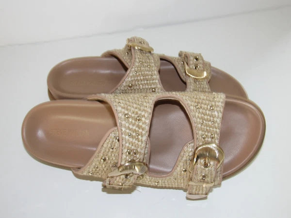 Steve Madden Slide Sandal Women's 8.5 Tan Brown Zuree Dual Buckle Gold Studded