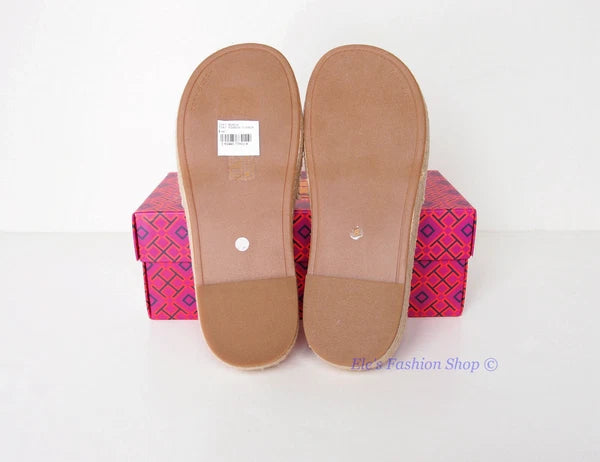 NIB Tory Burch Logo Woven Ribbon Espadrille Slide Slipper CREAM US 8 AUTHENTIC