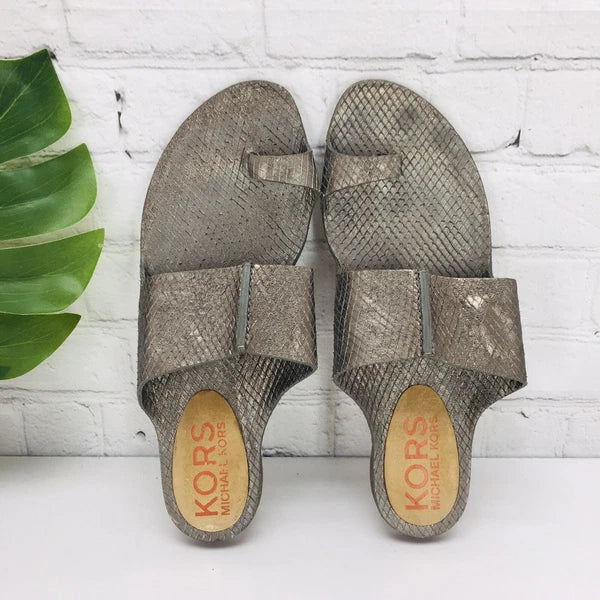 Michael Kors MK Sandals Women's 9M Metallic Gray Toe Ring Slide Flat Flip Flop