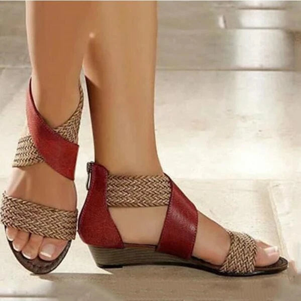 Women Fashion Weave Zipper Sandals Wedge Heel Low Heels Casual Beach Shoes New