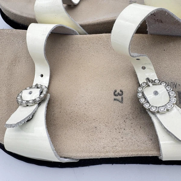 Mephisto Norie Bling Buckle Slide Sandals Ivory Patent Leather Flat Size 7 37