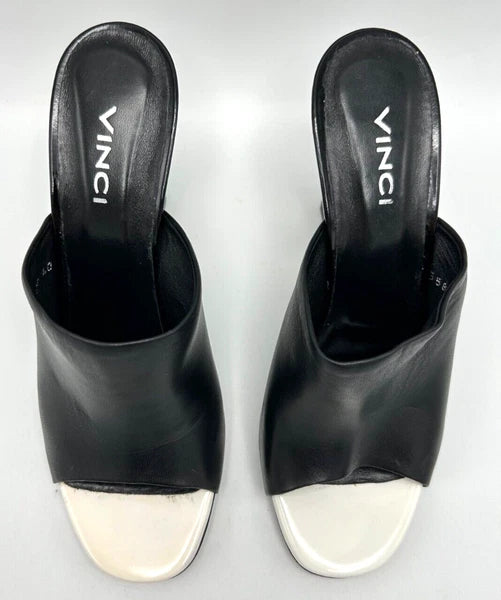 VINCI Black Leather Designer Sandal Size 40 US 9.5 White Circle Heels 3.5" High