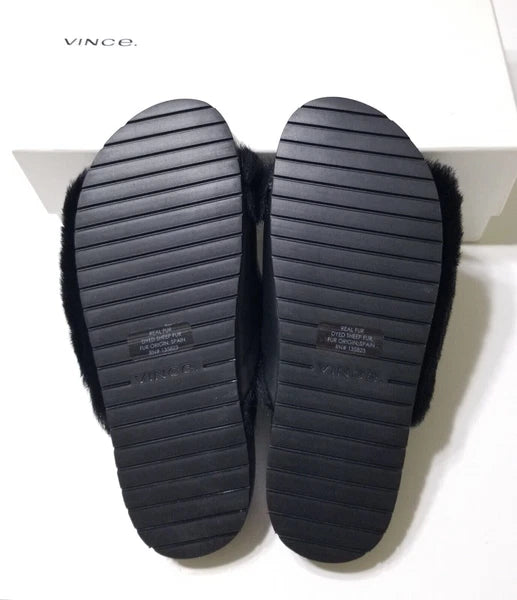 NIB Vince Garrison Italian Lamb Fur & Leather Slide Sandal in Black $250