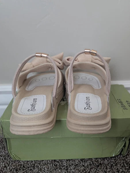 Size 6.5 Women's Fashion Thick Bottom Cute Bow Strappy Sandal Beach Beige Shoes