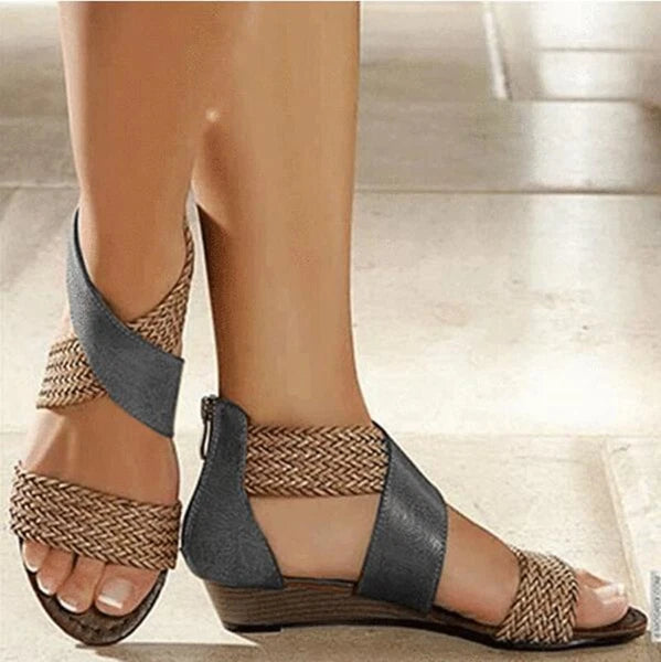 Women Fashion Weave Zipper Sandals Wedge Heel Low Heels Casual Beach Shoes New