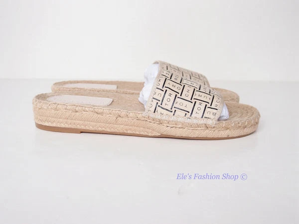 NIB Tory Burch Logo Woven Ribbon Espadrille Slide Slipper CREAM US 8 AUTHENTIC
