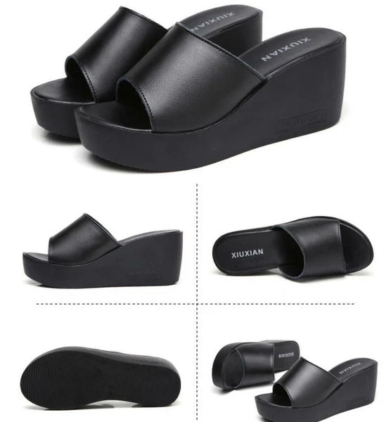 Womens Leather Slipper Wedge Heel Mules Sandals Platform Shoes Fashion Slides