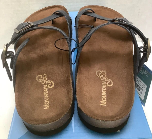 Mountain Sole Women's Birk Style Slip On Sandals, Black, Leather Straps, Size 6