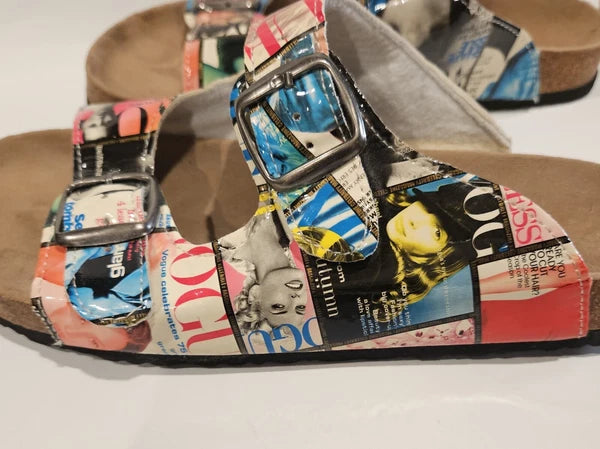 Vogue Magazine Glossy Collage Two Strap Bork Pierre Dumas Sandals sz 8