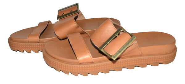 Sorel Roaming Buckle Slide Brown Leather Two Strap Womens Sandals Size 5.5 NWOB