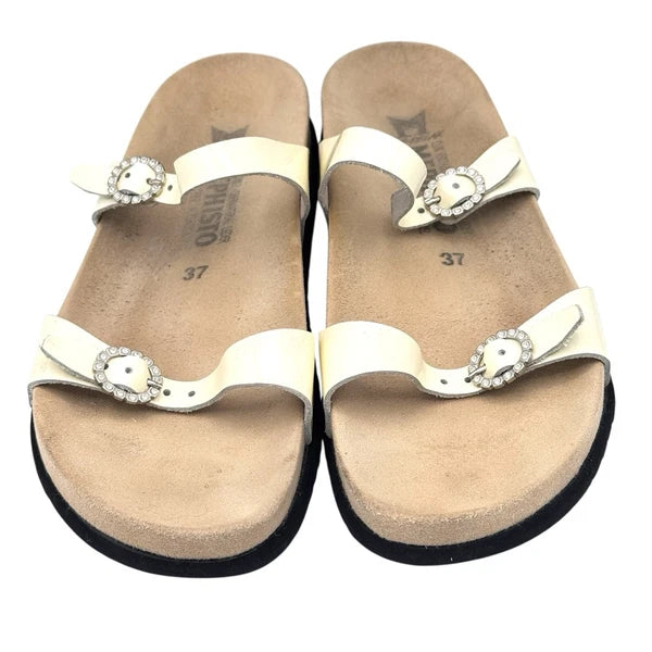 Mephisto Norie Bling Buckle Slide Sandals Ivory Patent Leather Flat Size 7 37