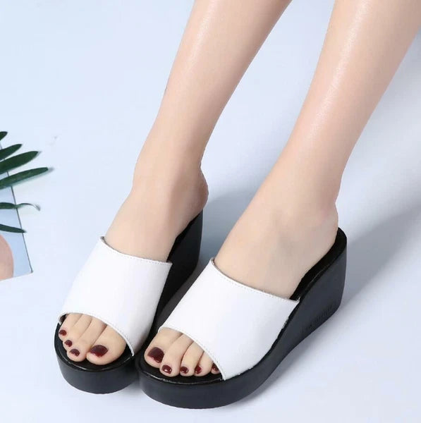 Womens Leather Slipper Wedge Heel Mules Sandals Platform Shoes Fashion Slides