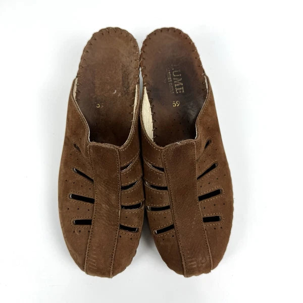 La Plume Italian Brown Leather Slide Sandals Shoes Women's Size 39 US 8.5-9 Boho