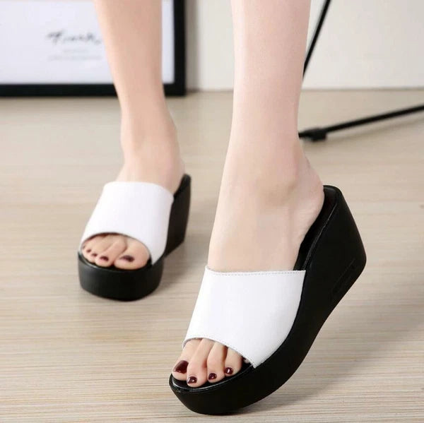 Womens Leather Slipper Wedge Heel Mules Sandals Platform Shoes Fashion Slides