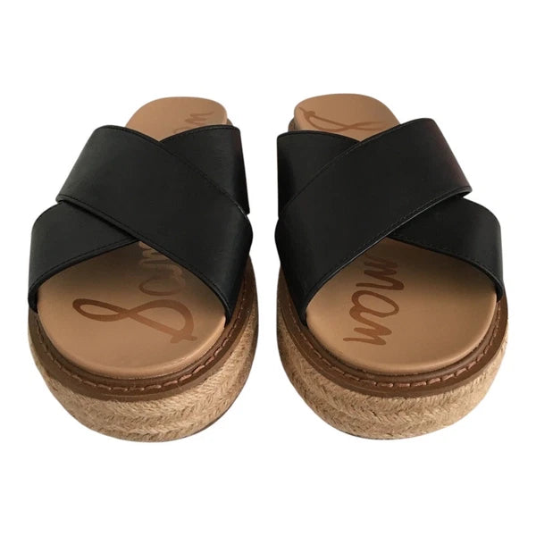 Sam Edelman Korina Sandals Womens 8M Black Leather Espadrille Platform Slides