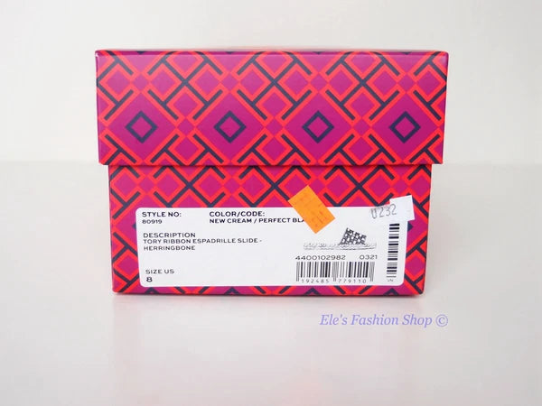 NIB Tory Burch Logo Woven Ribbon Espadrille Slide Slipper CREAM US 8 AUTHENTIC