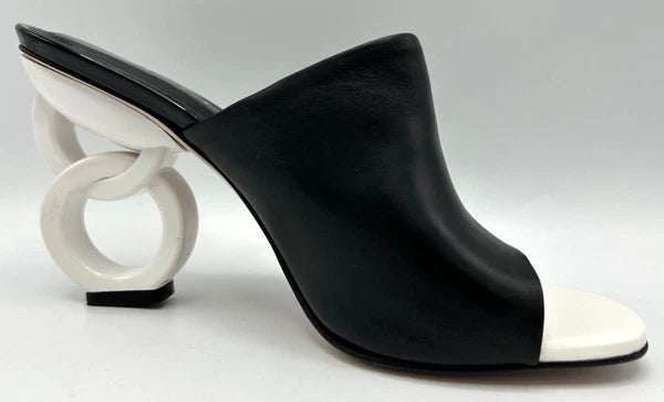 VINCI Black Leather Designer Sandal Size 40 US 9.5 White Circle Heels 3.5" High