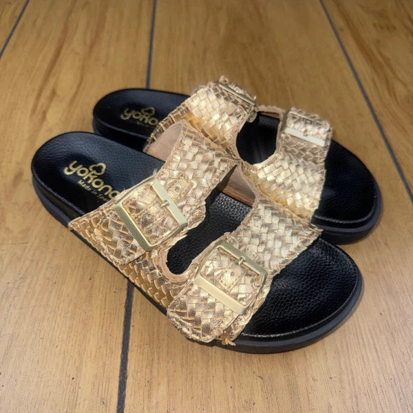 Yokono Gold Woven Leather Adjustable Buckle Slides Sandals Size 7.5