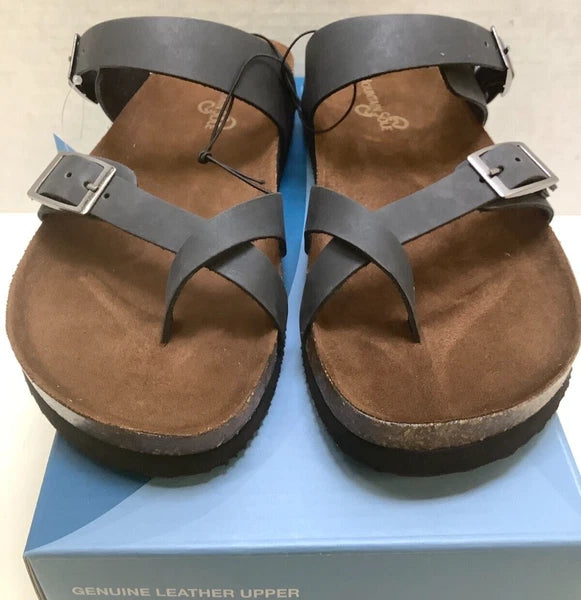 Mountain Sole Women's Birk Style Slip On Sandals, Black, Leather Straps, Size 6