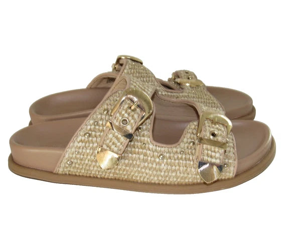 Steve Madden Slide Sandal Women's 8.5 Tan Brown Zuree Dual Buckle Gold Studded