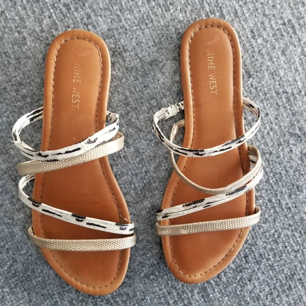 Nine West Women US 9M Strappy Sandals Gold Brown with Gray Snake Pattern Slides*