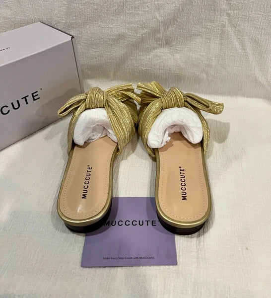 Women's Bow Flat Sandals Square Open Toe Fashion Slip on Sandals Size 7 MUCCCUTE