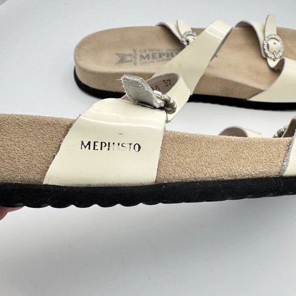 Mephisto Norie Bling Buckle Slide Sandals Ivory Patent Leather Flat Size 7 37