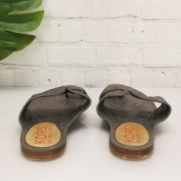 Michael Kors MK Sandals Women's 9M Metallic Gray Toe Ring Slide Flat Flip Flop