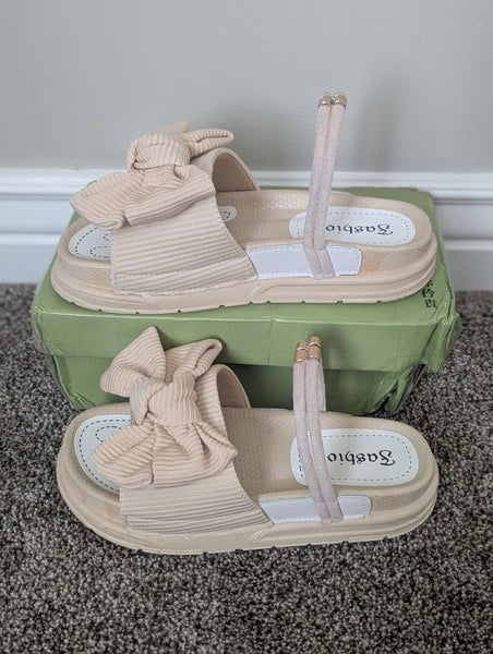 Size 6.5 Women's Fashion Thick Bottom Cute Bow Strappy Sandal Beach Beige Shoes
