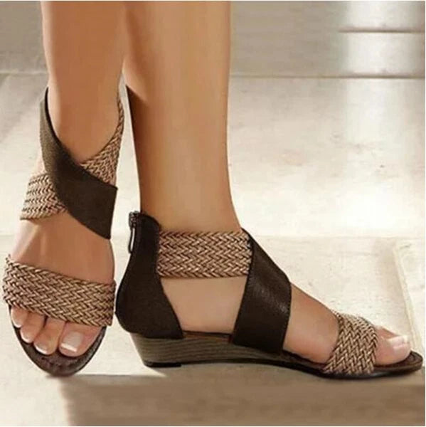 Women Fashion Weave Zipper Sandals Wedge Heel Low Heels Casual Beach Shoes New