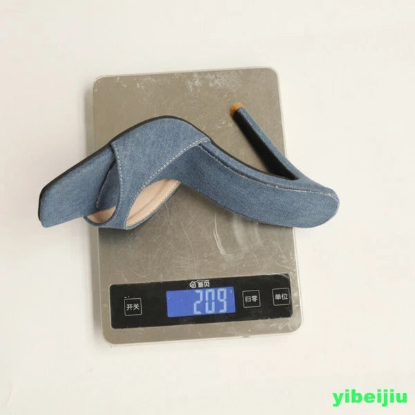 Women's Super High Heel Denim Jeans Mules Slides Sandals Slipper Shoes Dress OL