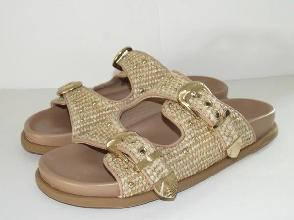 Steve Madden Slide Sandal Women's 8.5 Tan Brown Zuree Dual Buckle Gold Studded