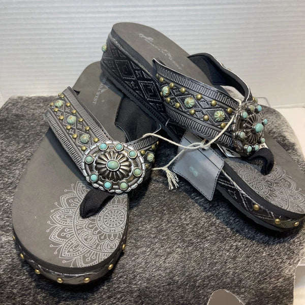 Montana West Black Embossed w/Studs Western Style Wedge Sandals Sz11-11.5