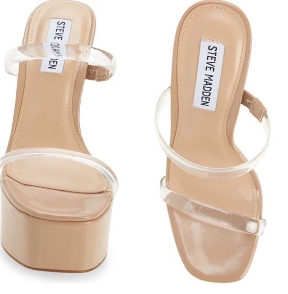 VTG Steve Madden Platforms Y2K Style Clear Nude Heels Chunky Retro Zayne Size 7