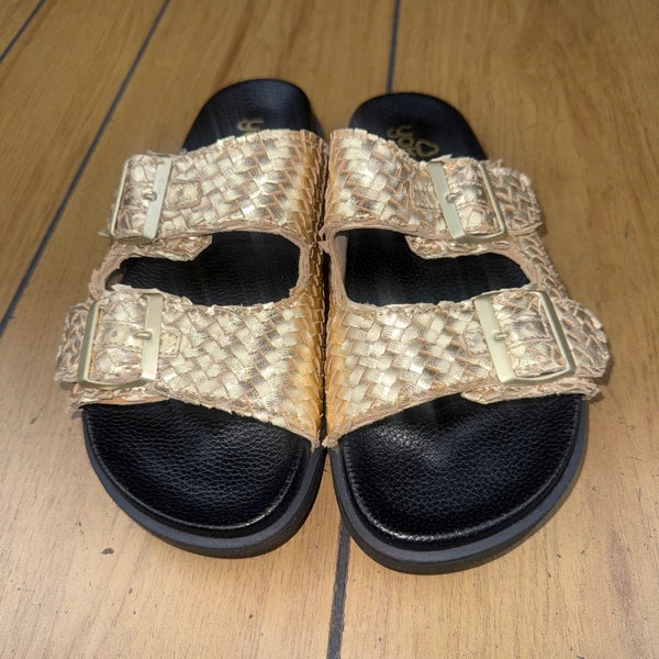 Yokono Gold Woven Leather Adjustable Buckle Slides Sandals Size 7.5