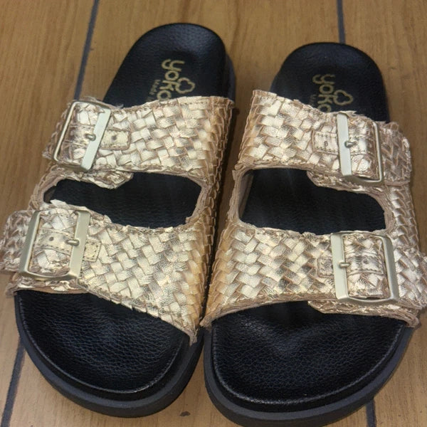 Yokono Gold Woven Leather Adjustable Buckle Slides Sandals Size 7.5