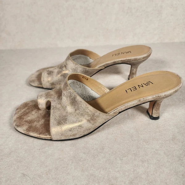VanEli Kitten Heel Mules Thong Sandal Slides Gold Metallic 8.5M