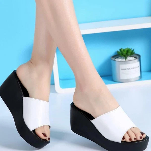 Womens Leather Slipper Wedge Heel Mules Sandals Platform Shoes Fashion Slides