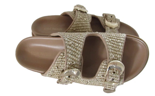 Steve Madden Slide Sandal Women's 8.5 Tan Brown Zuree Dual Buckle Gold Studded