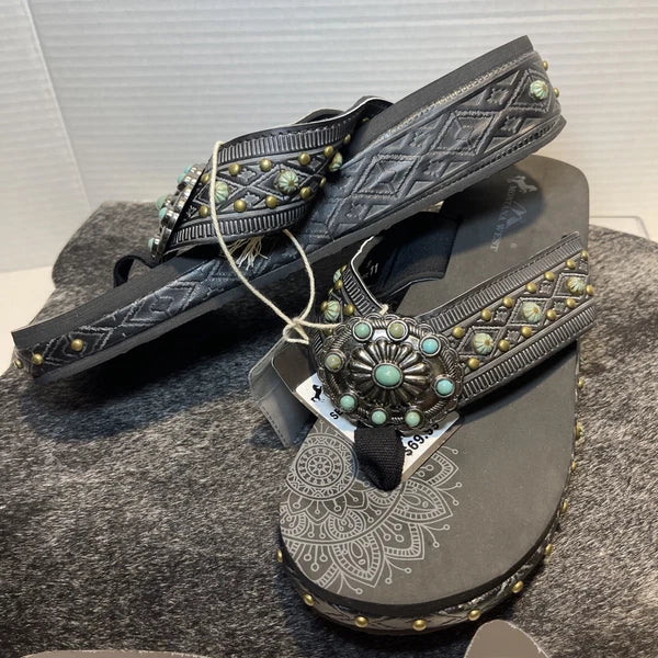 Montana West Black Embossed w/Studs Western Style Wedge Sandals Sz11-11.5