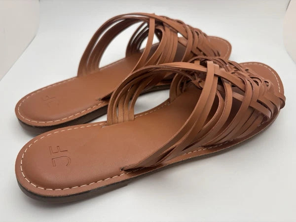 NIB Just Fab Frida Woven Sandals In Cognac Flat Slide Sandals Size 11