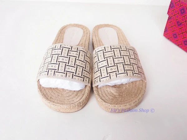 NIB Tory Burch Logo Woven Ribbon Espadrille Slide Slipper CREAM US 8 AUTHENTIC