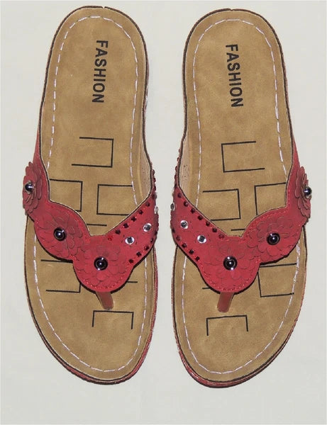 Women's Sz8.5(41) Red Floral-Applique Rhinestone Wedge Fashioned Flip Flops