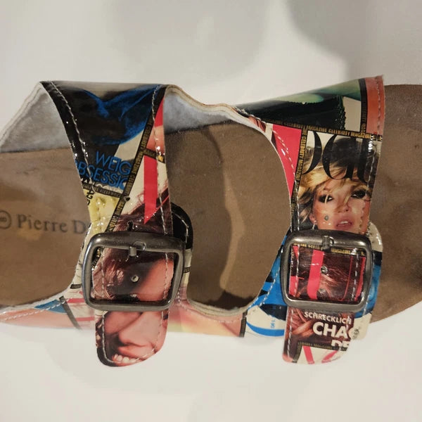 Vogue Magazine Glossy Collage Two Strap Bork Pierre Dumas Sandals sz 8