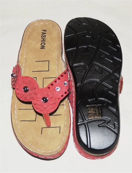 Women's Sz8.5(41) Red Floral-Applique Rhinestone Wedge Fashioned Flip Flops