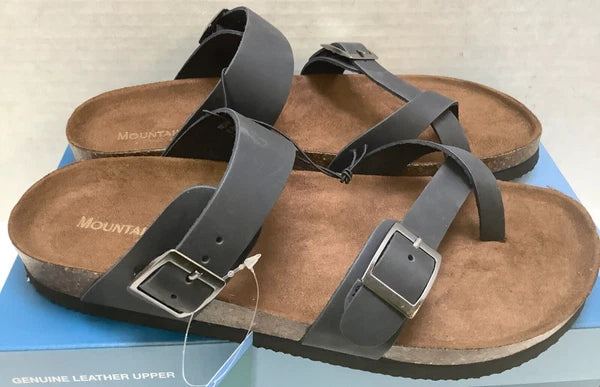 Mountain Sole Women's Birk Style Slip On Sandals, Black, Leather Straps, Size 6