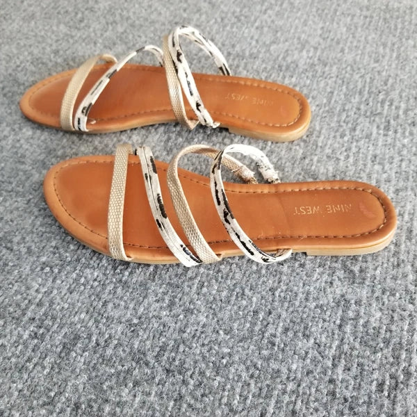 Nine West Women US 9M Strappy Sandals Gold Brown with Gray Snake Pattern Slides*